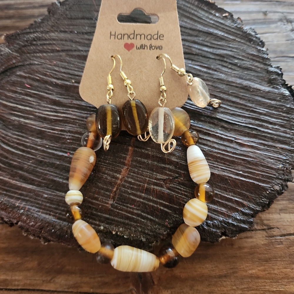 Handmade Brown glass beaded stretch Bracelet And  2 matching Earrings Sets